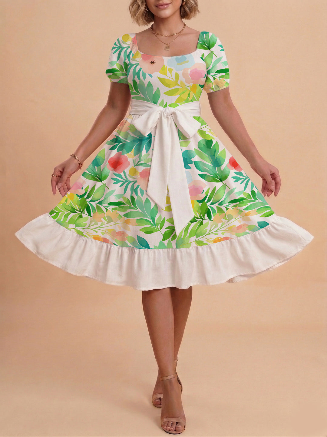 Damen Blumenkleid mit taillierbarem Gürtel und voluminösen Ärmeln Echo Archiv