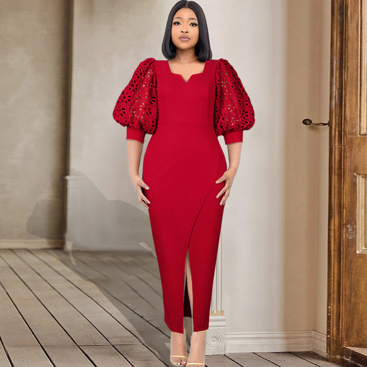 Damen elegantes Maxi-Kleid mit extravaganten Puffärmeln und schickem Schlitz Echo Archiv