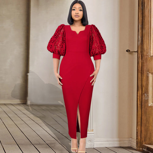 Damen elegantes Maxi-Kleid mit extravaganten Puffärmeln und schickem Schlitz Echo Archiv