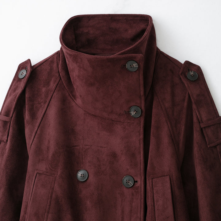 Damen Velours‑Trenchjacke mit hohem Funnelkragen und Bindegürtel Echoarchiv