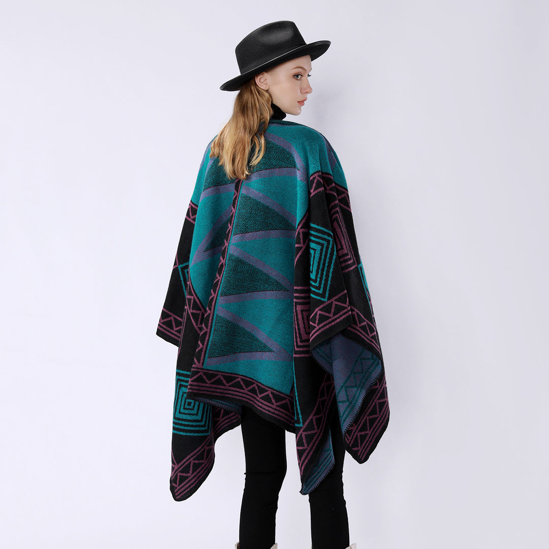 Damen Geometrischer Wollmix-Überwurfponcho mit Kettelkante Echo Archiv