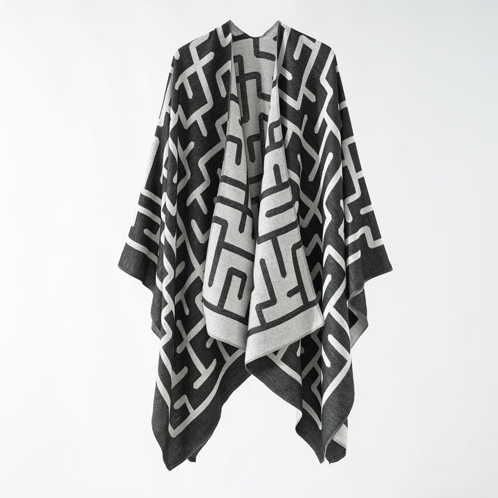 Damen Oversize-Doubleface-Überwurf mit geometrischem Jacquard und offener Front Echo Archiv
