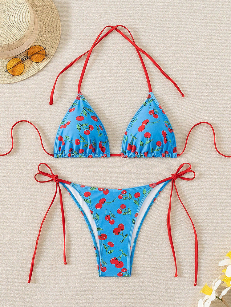 Damen Triangel-Bikini mit Krawattenverschluss und verspieltem Kirschdesign Echo Archiv