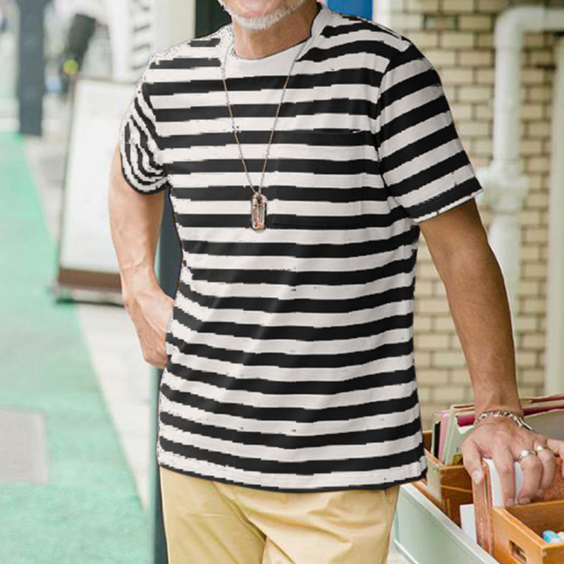 Herren lässiges gestreiftes T-Shirt mit Brusttasche und Rundhalsausschnitt Echoarchiv