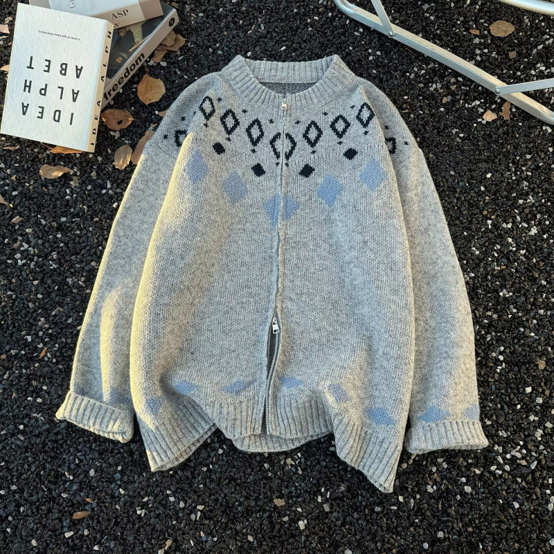 Unisex Grobgestrickte Norweger-Cardigan mit Rundhals, durchgehendem Reißverschluss und Jacquard‑Yoke Echoarchiv