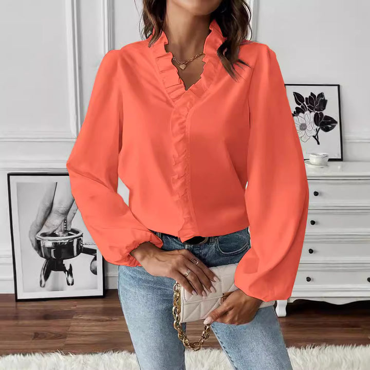 Damen Elegante Rüsch Bluse mit V-Ausschnitt, Ballonärmeln und elastischen Manschetten Echoarchiv