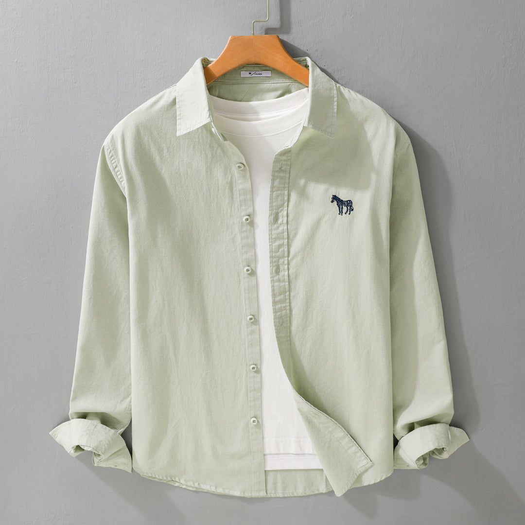 Herren Baumwoll-Oxford Hemdjacke im Layering‑Stil mit dezenter Zebrastickerei und Kentkragen Echoarchiv