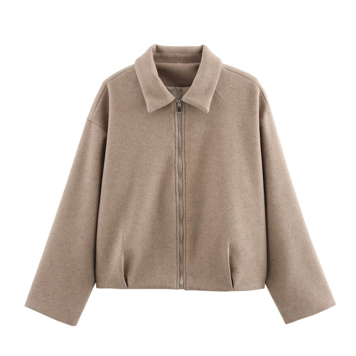 Damen kastig geschnittene Wolloptik-Übergangsjacke mit Hemdkragen und verdecktem Reißverschluss – Célinea