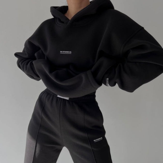 Damen Set Schwere French‑Terry Oversize‑Kapuzenpullover mit Kängurutasche und Slim‑Jogginghose Echoarchiv