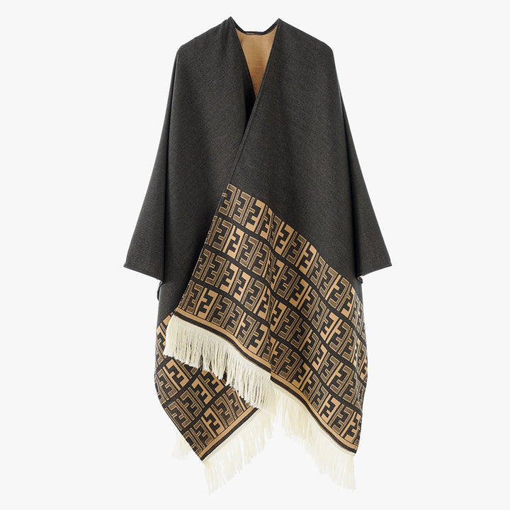 Damen Reversibler Capeponcho mit Monogramm‑Bordüre und Fransensaum Echo Archiv