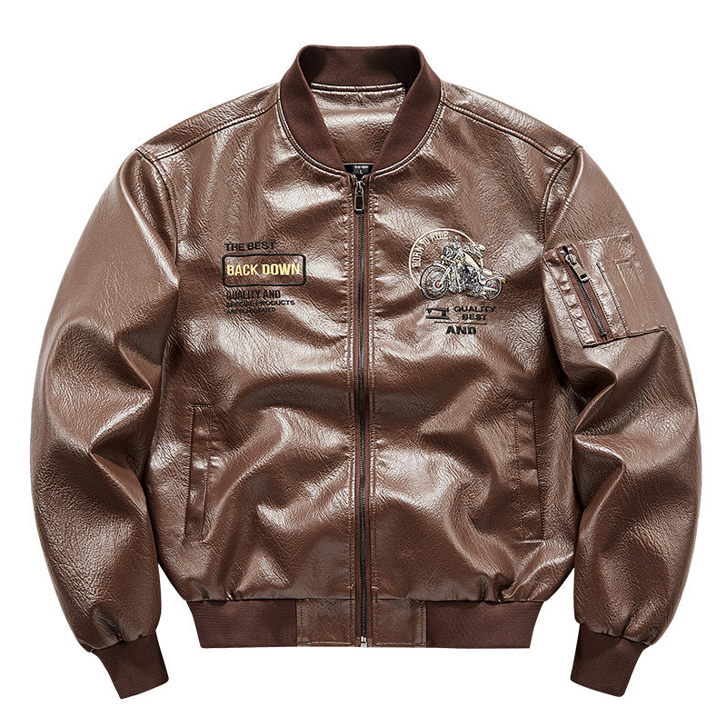 Herren Biker Lederimitat Bomberjacke mit Stickpatches und Ärmeltasche – Brevano