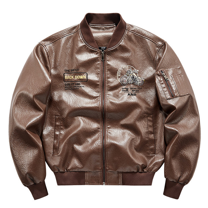 Herren Biker Lederimitat Bomberjacke mit Stickpatches und Ärmeltasche – Brevano