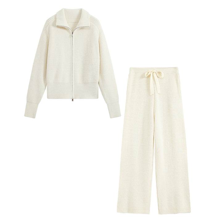 Damen Feinstrick‑Loungewear‑Set mit Stehkragen‑Zippjacke und weiten Palazzo‑Strickhose Echo Archiv