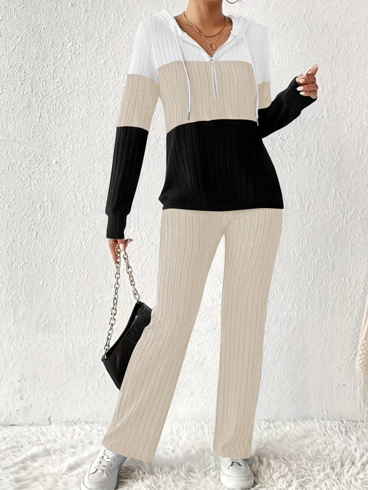 Damen Geripptes Lounge-Set mit Kapuzen-Halfzip und weitem Palazzo-Strickhose – Élanora