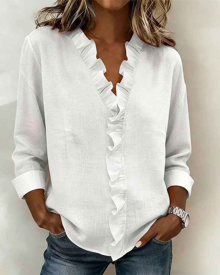 Damen leichte Bluse mit Rüschens V-Ausschnitt, 3/4 Ärmeln und lockerer Schnitt – Élovi