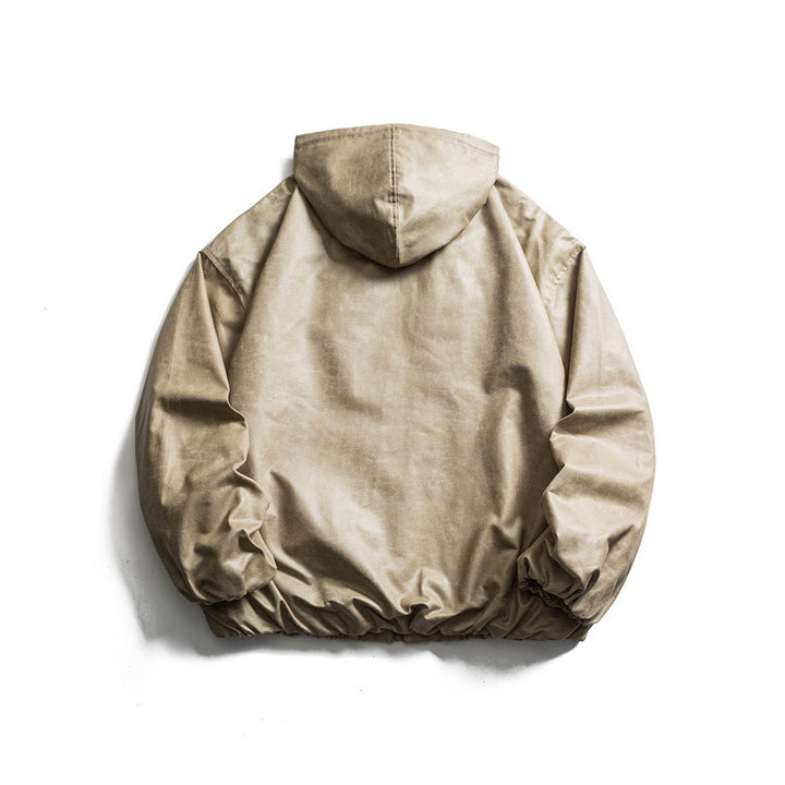 Herren Kurz geschnittene Kunstleder-Kapuzenjacke im Boxy‑Cut mit elastischem Saum und Kängurutaschen Echoarchiv
