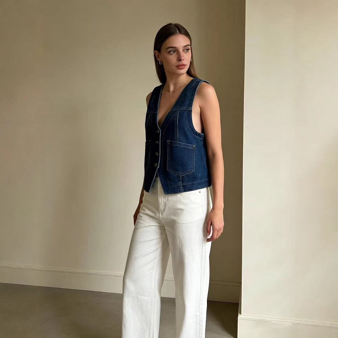 Damen lässige Denim-Weste mit Knopfdetails und aufgesetzten Taschen Echo Archiv