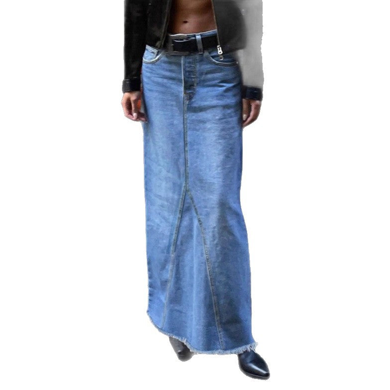Damen Taillenhoher Denim-Maxi-Rock mit geradem Schnitt, Ziernähten und rohem Fransen-Saum Echo Archiv