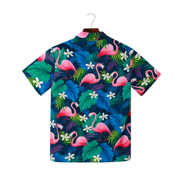 Herren Kurzarmhemd mit lebendigem Flamingo-Muster und atmungsaktiver Baumwolle Echoarchiv