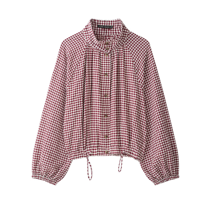 Damen 10+ kariertes Cropped‑Blusenjacke mit Stehkragen, Tunnelzugsaum und Ballonärmeln Echo Archiv
