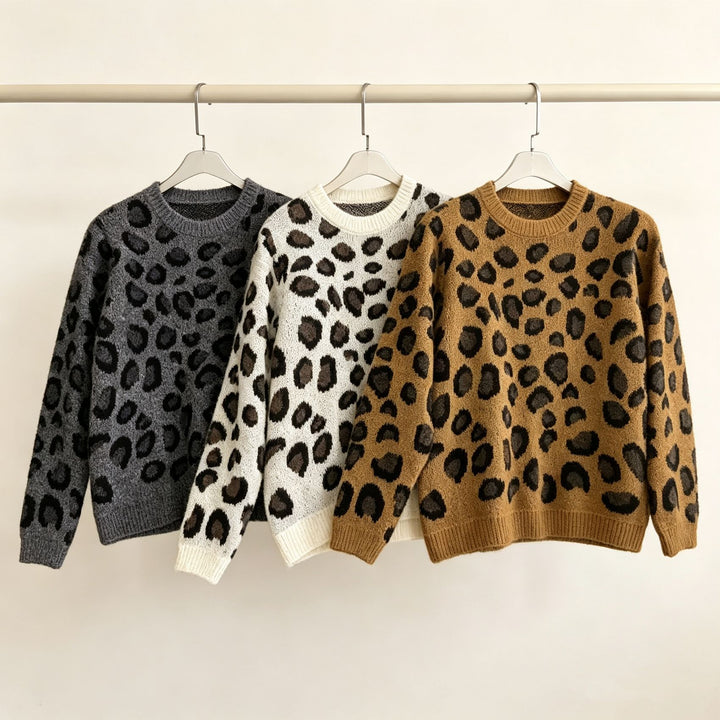 Damen Kuscheliger Rundhalspullover im Leo-Jacquard mit entspanntem Oversize-Schnitt – Mavelle