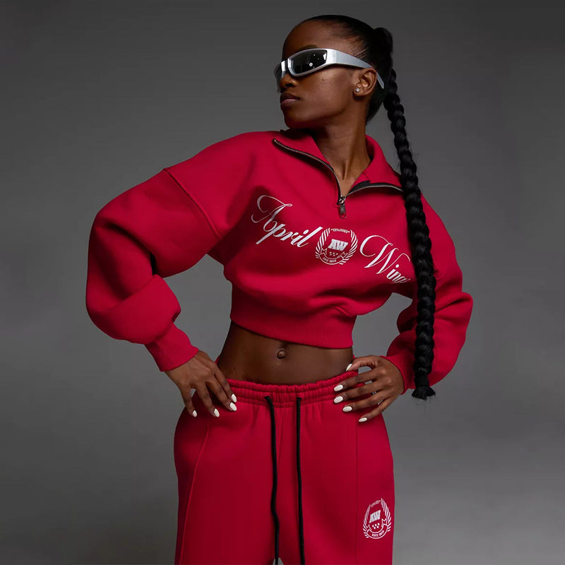 Damen Cropped Halbzip-Sweatshirt mit weitem High‑Waist Loungehose Set – Avérine