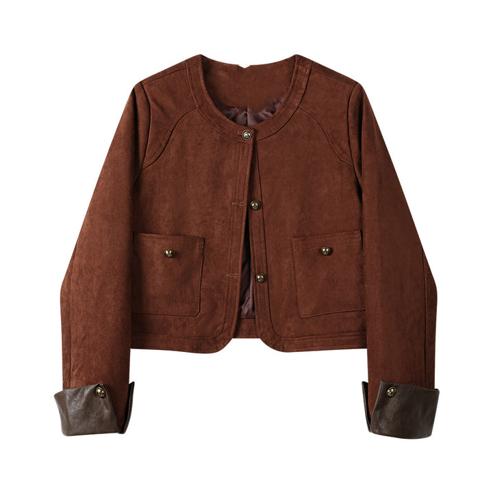 Damen Kurzjacke aus Veloursleder mit Rundhals, aufgesetzten Taschen & Umschlagmanschetten Echo Archiv