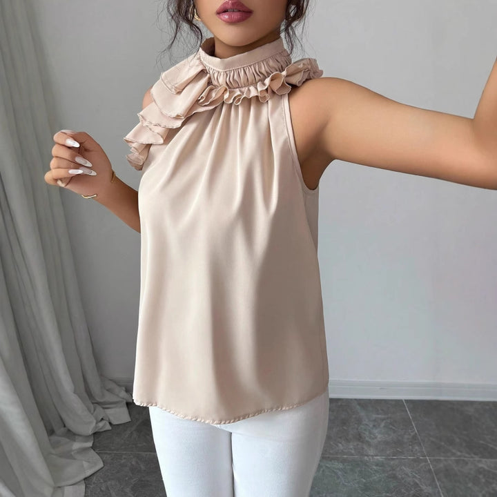Damen Hochgeschlossenes Chiffon-Top mit Rüschenkragen und asymmetrischem Volant Echo Archiv