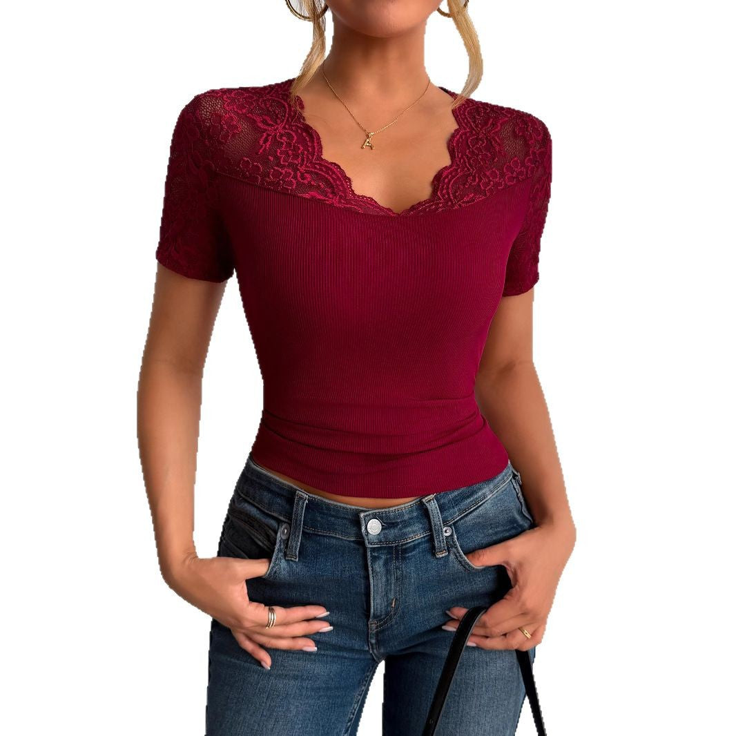 Damen Spitzen-Crop-Top mit elegantem Rundhalsausschnitt Echoarchiv