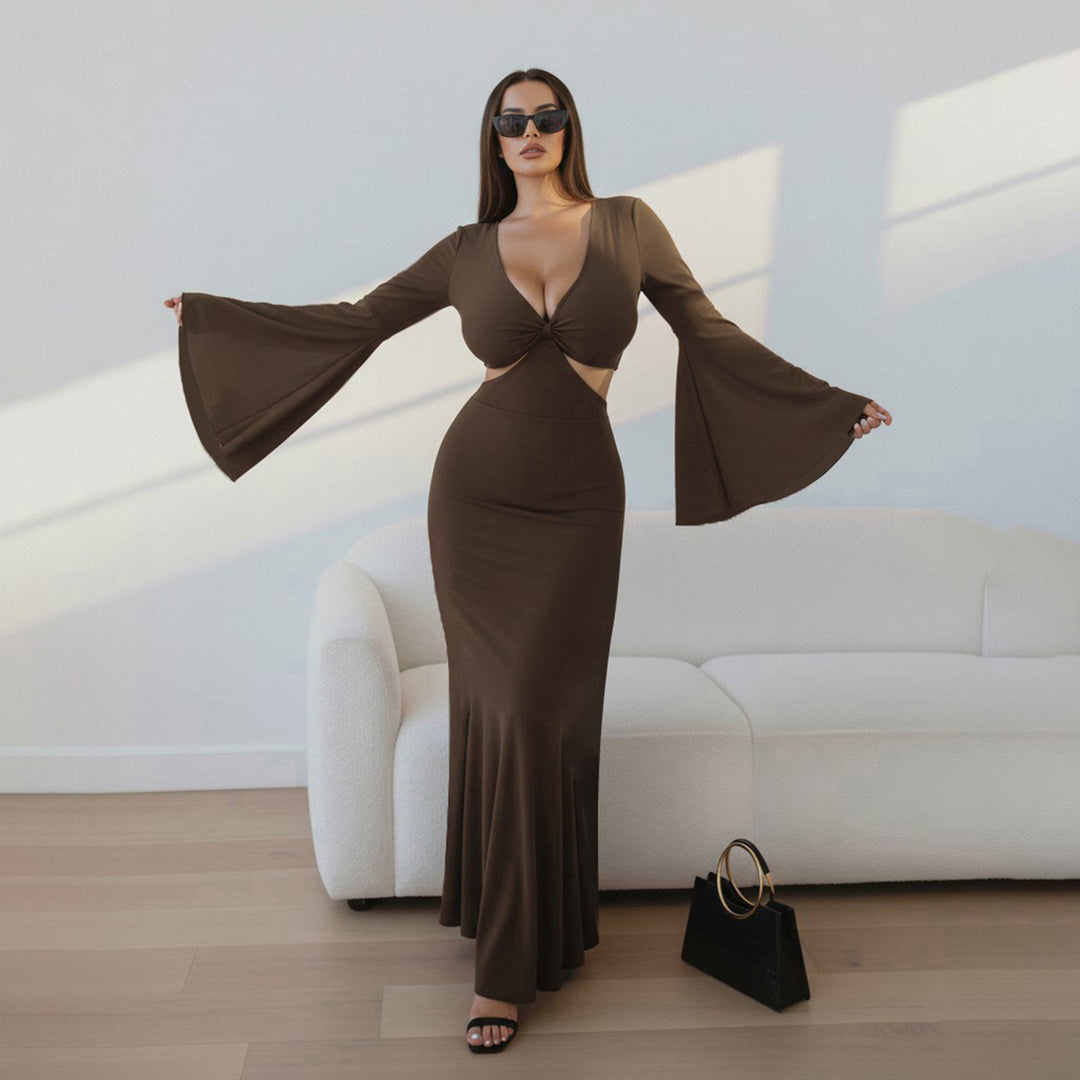 Damen langes Wickelkleid mit dramatischen Schößchenärmeln und cut-out Design Echo Archiv