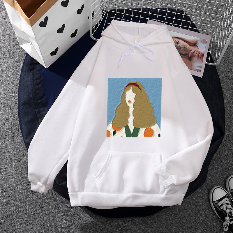 Damen Kapuzenpullover mit kunstvoller Chenille-Stickerei im Portraitstil und Kängurutasche – Auréline