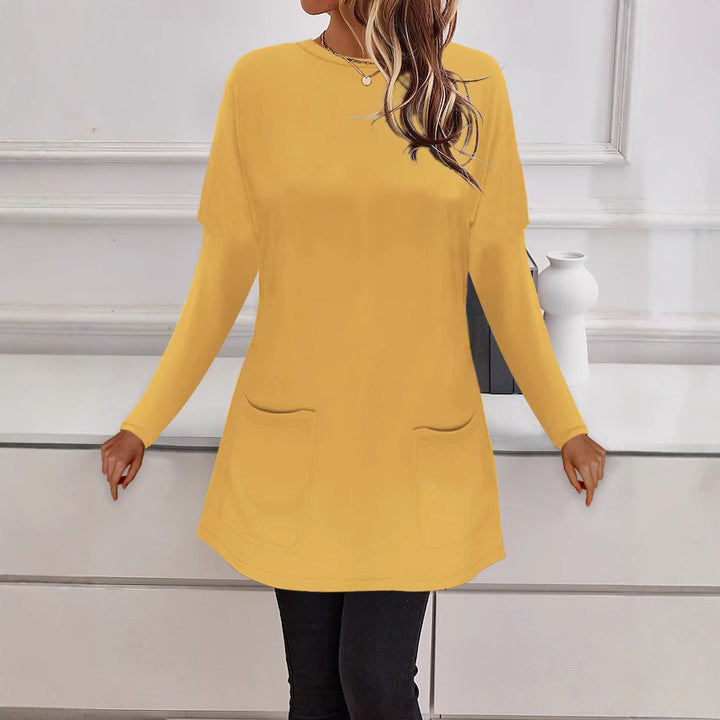 Damen Longline Feinstrick-Tunika mit Rundhalsausschnitt und aufgesetzten Taschen – Mavelle