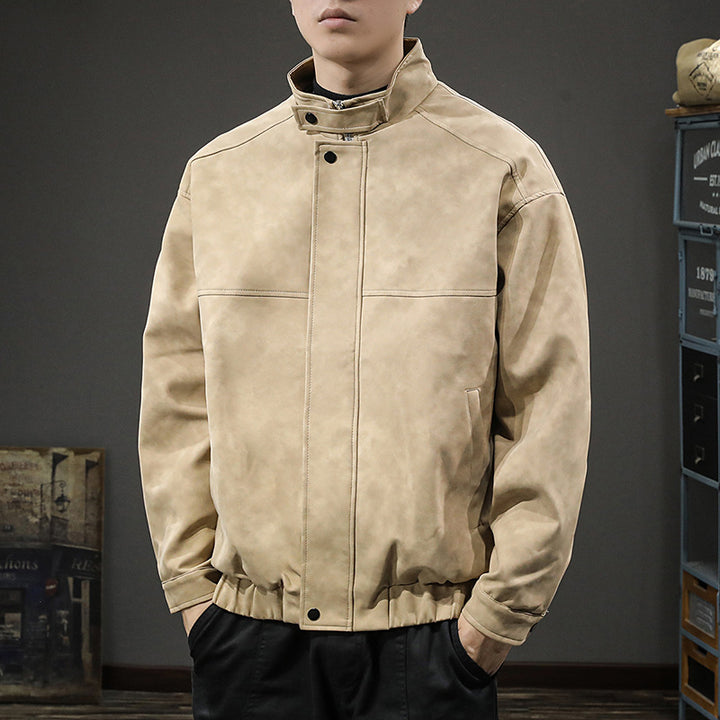 Herren Minimalistische Vintage-Kunstleder-Bomberjacke mit Stehkragen und verdeckter Druckknopfleiste Echoarchiv