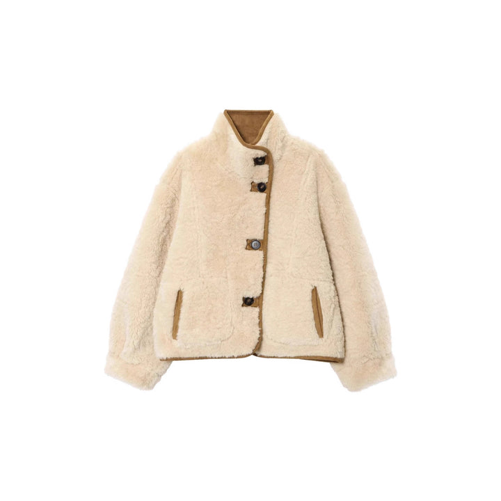 Damen Kurzjacke in Lammfell-Optik mit Stehkragen, aufgesetzten Taschen und Knopfleiste Echo Archiv