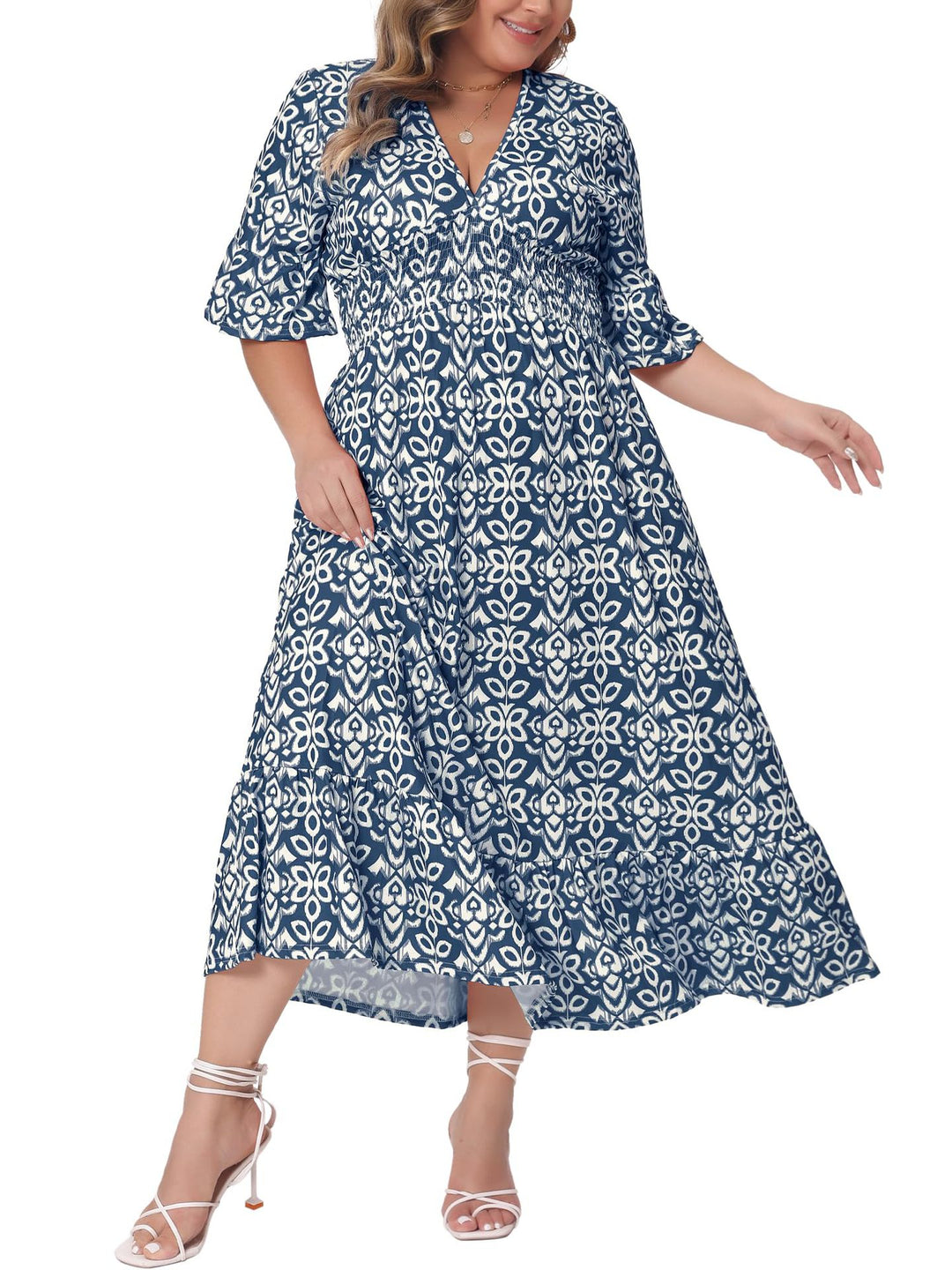 Damen Midikleid in A‑Linie mit grafischem Allover‑Print, geraffter Taillenpartie und Volantstufen Echo Archiv