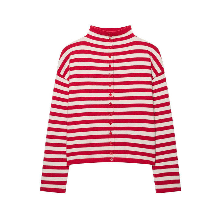 Damen Gestreifter Cropped-Strickcardigan mit Knopfleiste und Stehkragen Echoarchiv