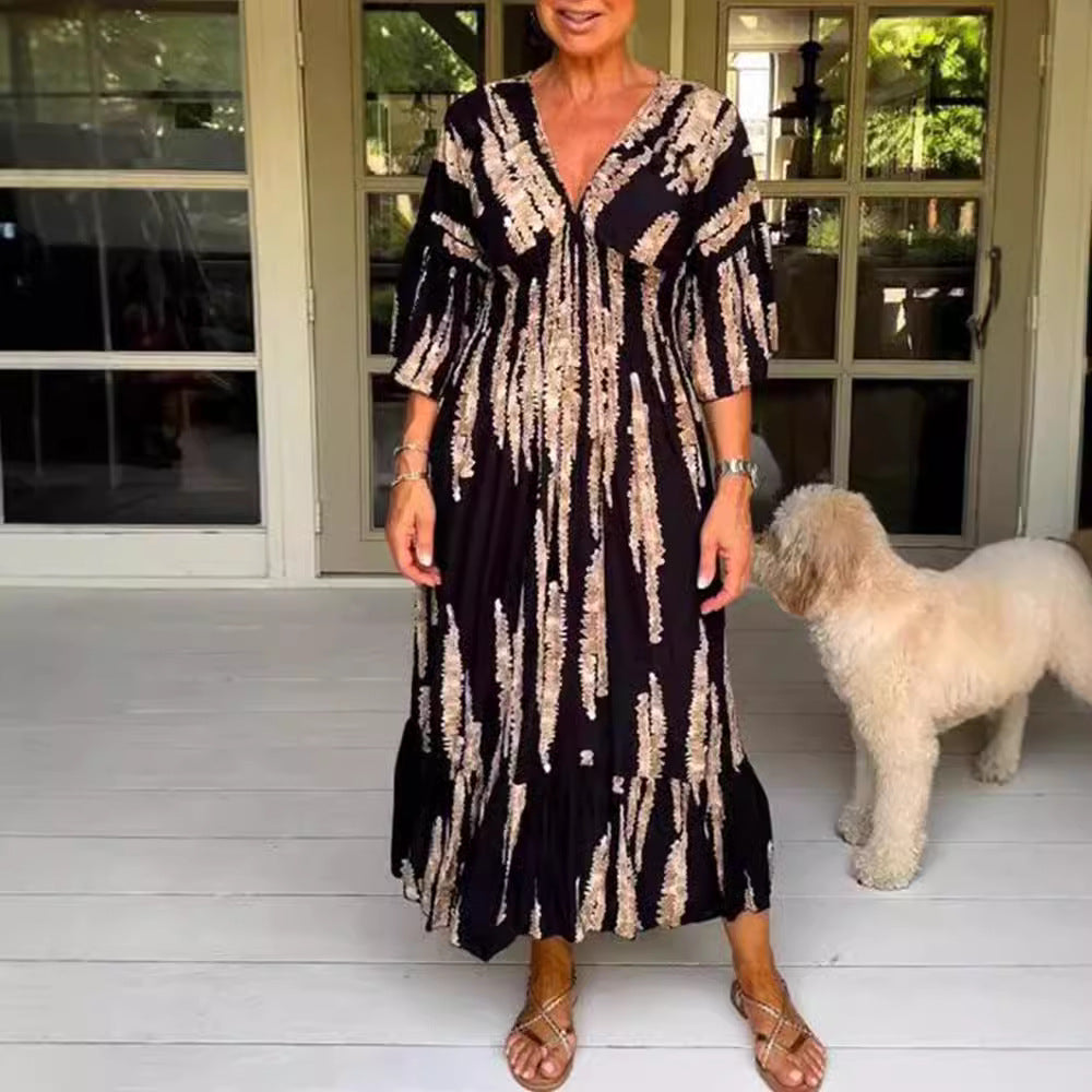 Damen nan Maxikleid mit V-Ausschnitt, vertikalem Pinselprint, geraffter Unterbrustnaht und stufigem Volantrock Echo Archiv