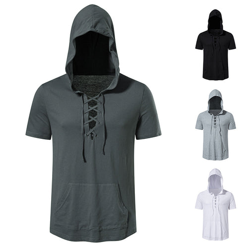 Herren Kurzarm-Hoodie mit lässigem Lacing-Design und praktischer Kängurutasche Echoarchiv