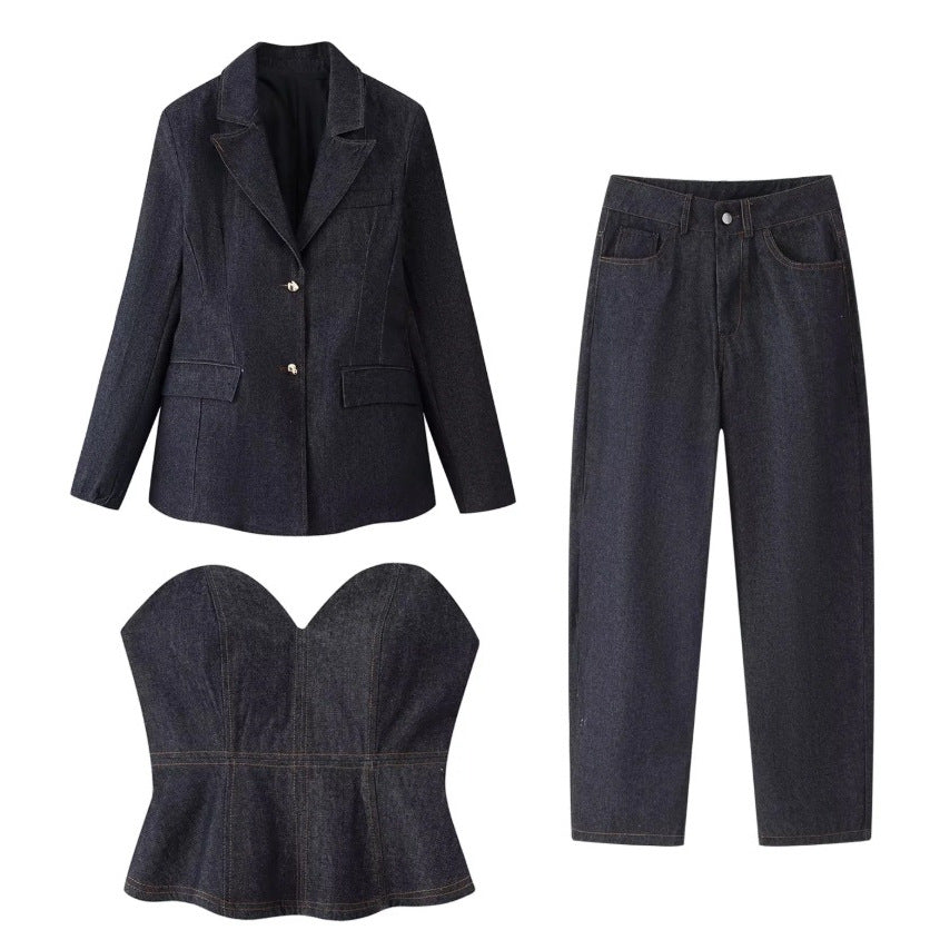 Damen 30+ dreiteiliges Denim-Set: taillierter Blazer, Taillen-Corsage & High-Waist-Jeans Echo Archiv