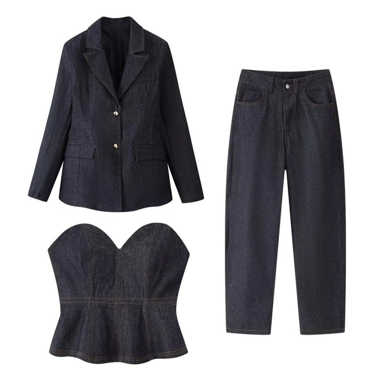 Damen 30+ dreiteiliges Denim-Set: taillierter Blazer, Taillen-Corsage & High-Waist-Jeans Echo Archiv