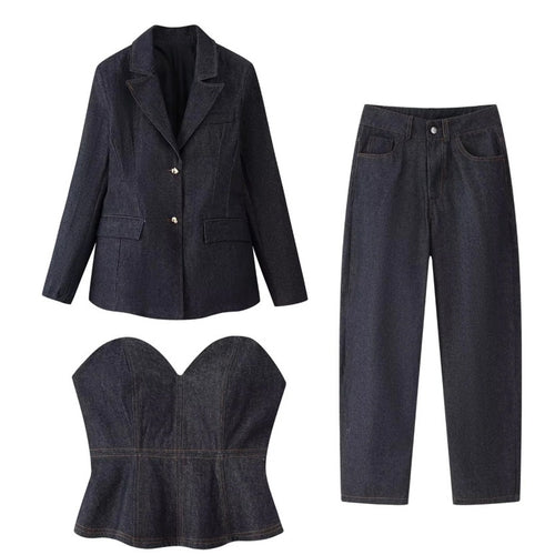 Damen 30+ dreiteiliges Denim-Set: taillierter Blazer, Taillen-Corsage & High-Waist-Jeans Echo Archiv