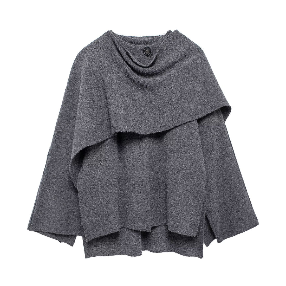 Damen zweilagiger Strickponcho mit asymmetrischem Saum und dekorativem Knopfkragen – Veloura