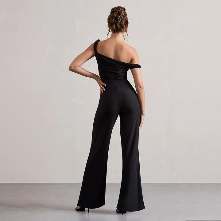 Damen schulterfreier Jumpsuit mit weitem Bein und elastischem Oberteil Echo Archiv