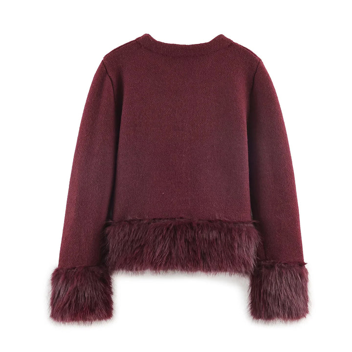 Damen kurze Wolljacke mit flauschigem Kunstfellbesatz am Saum und Ärmeln – Célinea