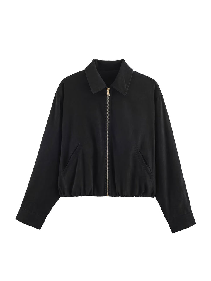 Damen Kurzblouson im Velours‑Look mit spitzem Hemdkragen und Gummizugsaum Echo Archiv