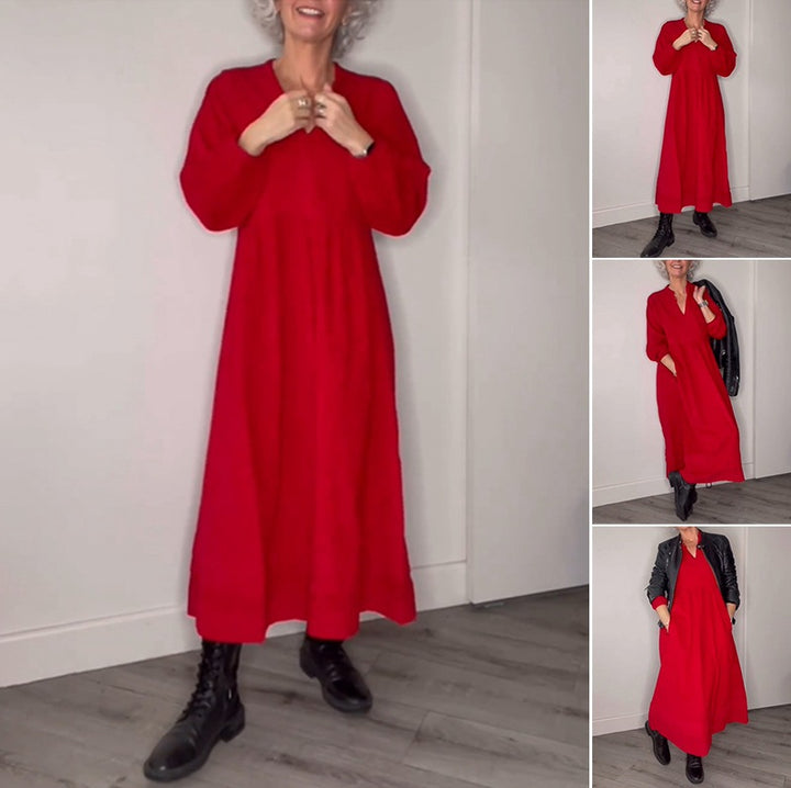 Damen Freizeit Viskose Maxi Kleid mit V-Ausschnitt, Taillennaht und Ballonärmeln – Valéora