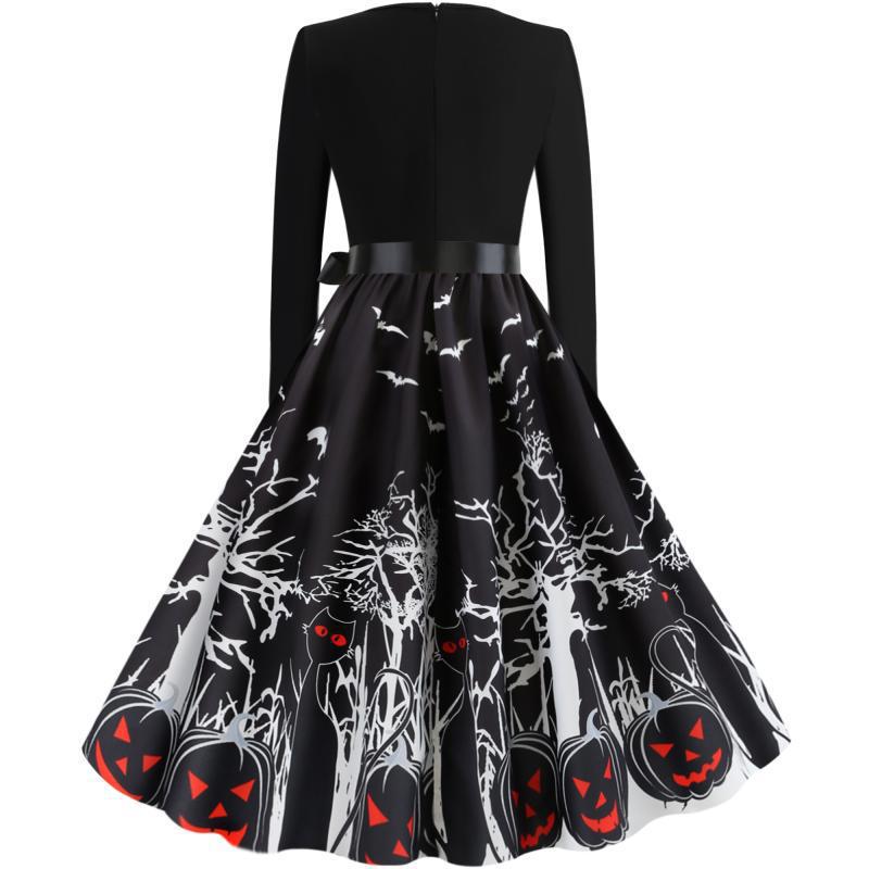 Damen Vintage-inspiriertes Swingkleid mit Halloween-Motiv, taillierter Satinschärpe und langen Ärmeln – Élara