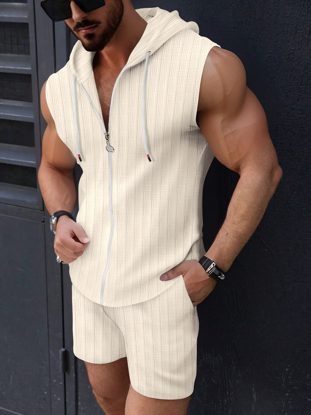 Herren Ärmelloser Zip-Up Hoodie und Shorts Set Echoarchiv