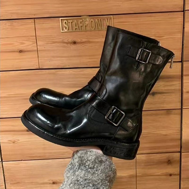 Damen Wadenhohe Biker‑Stiefel aus Glattleder mit Doppelgurt und Rückreißverschluss Echo Archiv