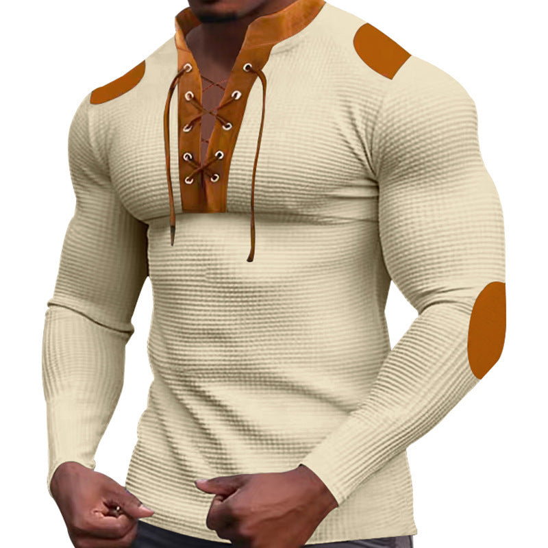 Herren Langarm-Henley-Shirt mit strukturiertem Gewebe und modischem Schnürdesign Echoarchiv